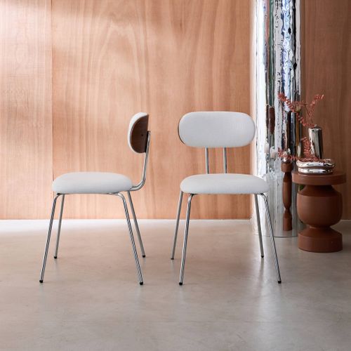2 Chaises Décor Bois Courbé Teinté Noyer Et Tissu Déperlant Blanc. Pieds Métal Chromé - L 45 X P 55