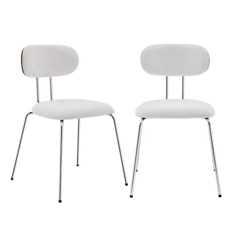 2 Chaises Décor Bois Courbé Teinté Noyer Et Tissu Déperlant Blanc. Pieds Métal Chromé - L 45 X P 55