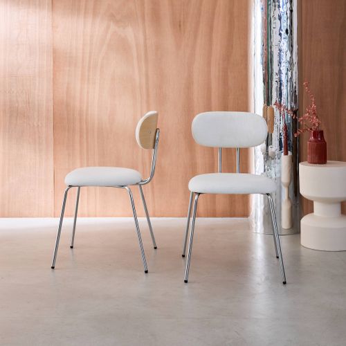 2 Chaises Décor Bois Courbé Teinté Chêne Et Tissu Déperlant Blanc. Pieds Métal Chromé - L 45 X P 55