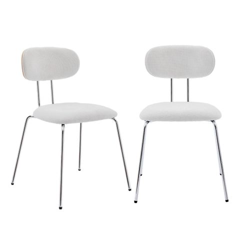 2 Chaises Décor Bois Courbé Teinté Chêne Et Tissu Déperlant Blanc. Pieds Métal Chromé - L 45 X P 55