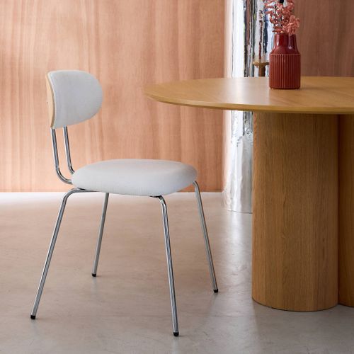 2 Chaises Décor Bois Courbé Teinté Chêne Et Tissu Déperlant Blanc. Pieds Métal Chromé - L 45 X P 55