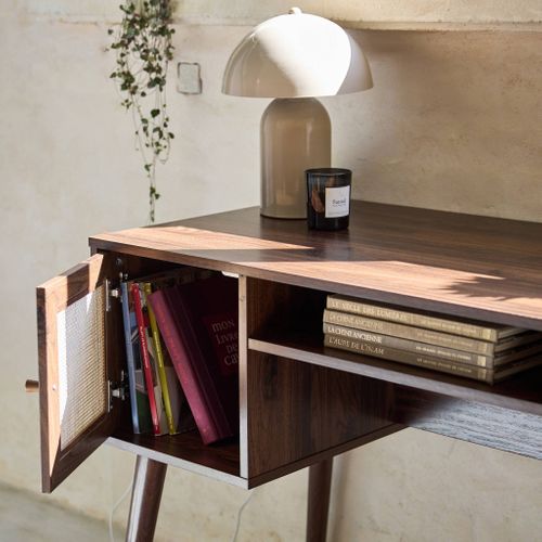 Bureau Cannage Et Décor Bois Foncé Avec 2 Portes. 1 Casier Ouvert. Pieds Compas