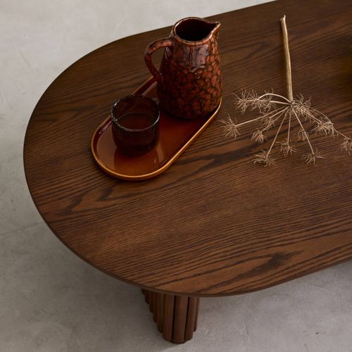 Table Basse Ovale Bois D'hévéa Placage Chêne Teinte Noyer - L 122 X P 65 X H 35 Cm - Gabrielle