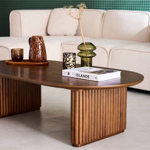 Table Basse Ovale Bois D'hévéa Placage Chêne Teinte Noyer - L 122 X P 65 X H 35 Cm - Gabrielle