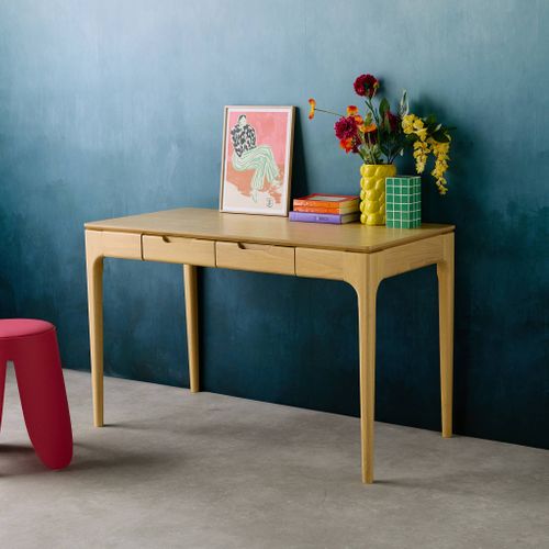Bureau Bois D'hévéa Placage Frêne 2 Tiroirs Naturel - L 120 X L 60 X H 76 Cm - Alienor