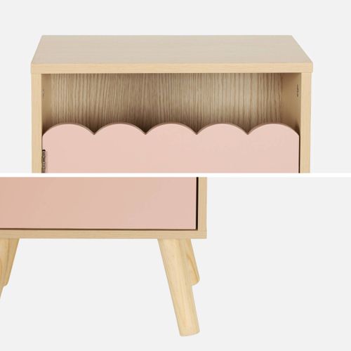Table De Chevet Enfant Décor Bois Rose 1 Porte. Pieds Bois De Pin - 34 X 23.5 X 52 Cm - Azur