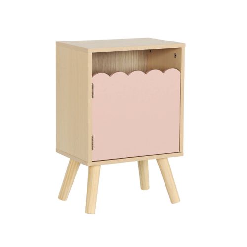 Table De Chevet Enfant Décor Bois Rose 1 Porte. Pieds Bois De Pin - 34 X 23.5 X 52 Cm - Azur