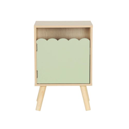 Table De Chevet Enfant Décor Bois Vert 1 Porte. Pieds Bois De Pin - 34 X 23.5 X 52 Cm - Azur