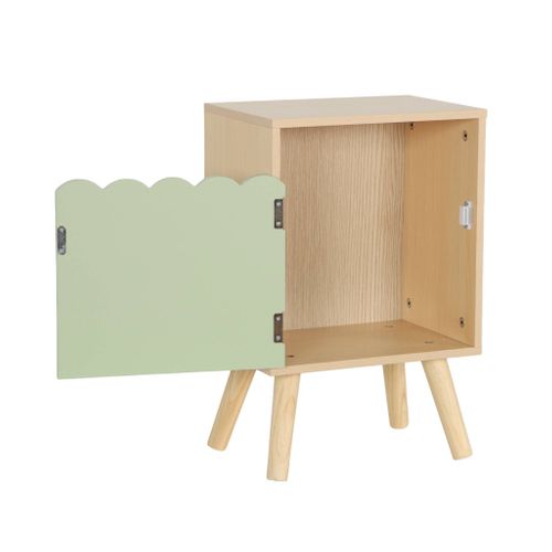 Table De Chevet Enfant Décor Bois Vert 1 Porte. Pieds Bois De Pin - 34 X 23.5 X 52 Cm - Azur