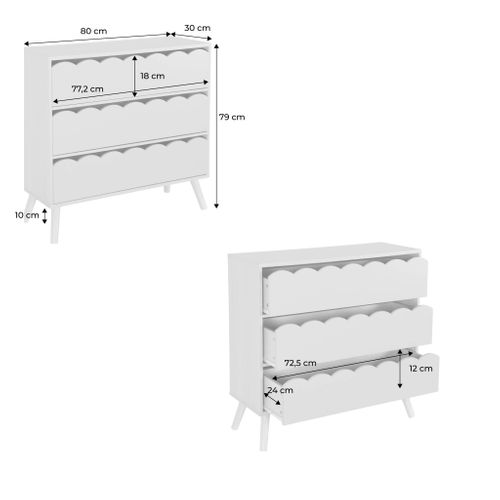 Commode Enfant Décor Bois Rose 3 Tiroirs. Pieds Bois De Pin - 80 X 30 X 79 Cm - Azur