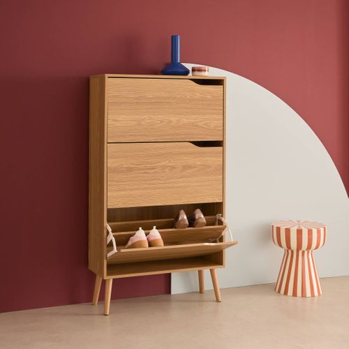 Meuble à Chaussures Scandinave Décor Naturel 3 Portes Abattantes Capacité 18 Paires De Chaussures