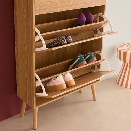 Meuble à Chaussures Scandinave Décor Naturel 3 Portes Abattantes Capacité 18 Paires De Chaussures