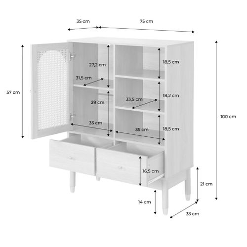 Buffet Décor Bois Et Cannage 1 Porte 2 Tiroirs Teinte Naturelle - 75 X 35 X 100 Cm - Judith