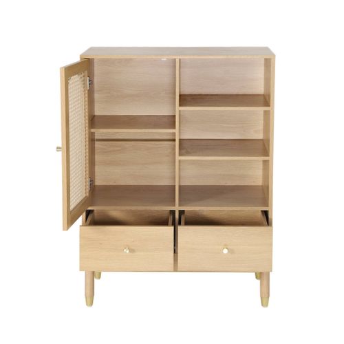 Buffet Décor Bois Et Cannage 1 Porte 2 Tiroirs Teinte Naturelle - 75 X 35 X 100 Cm - Judith