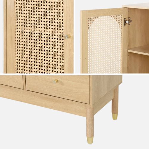 Buffet Décor Bois Et Cannage 1 Porte 2 Tiroirs Teinte Naturelle - 75 X 35 X 100 Cm - Judith