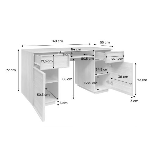 Bureau Effet Bois Naturel 2 Portes 2 Tiroirs 1 Niche 140cm - L 140 X P 55 X H 77cm - Kuba