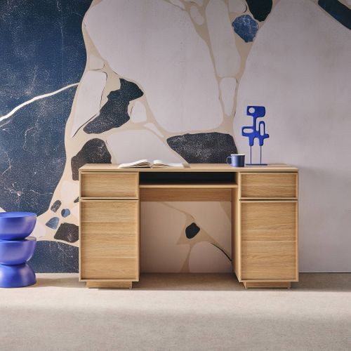 Bureau Effet Bois Naturel 2 Portes 2 Tiroirs 1 Niche 140cm - L 140 X P 55 X H 77cm - Kuba