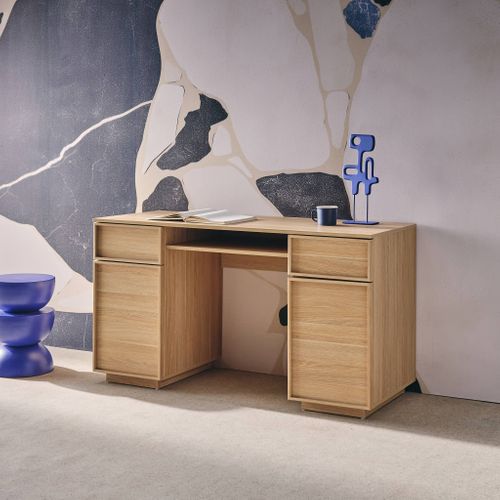 Bureau Effet Bois Naturel 2 Portes 2 Tiroirs 1 Niche 140cm - L 140 X P 55 X H 77cm - Kuba