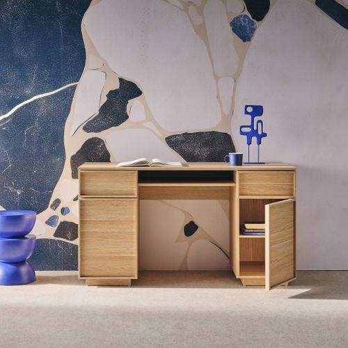 Bureau Effet Bois Naturel 2 Portes 2 Tiroirs 1 Niche 140cm - L 140 X P 55 X H 77cm - Kuba