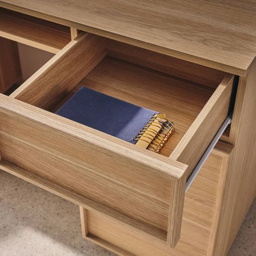 Bureau Effet Bois Naturel 2 Portes 2 Tiroirs 1 Niche 140cm - L 140 X P 55 X H 77cm - Kuba