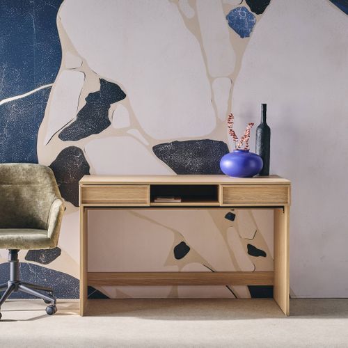 Bureau Effet Bois Naturel 2 Tiroirs 1 Niche 120cm - L 120 X P 55 X H 77cm - Kuba