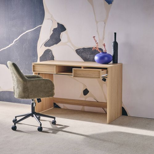 Bureau Effet Bois Naturel 2 Tiroirs 1 Niche 120cm - L 120 X P 55 X H 77cm - Kuba