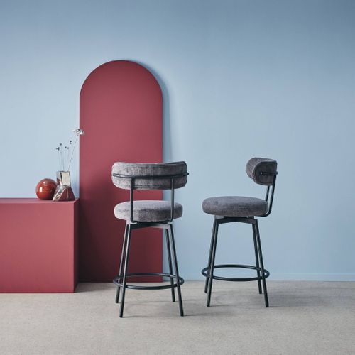 Lot De Deux Tabourets De Bar Assise Rotative Métal Noir Et Tissu Gris - L 50 X P 50 X H 92cm - Iris