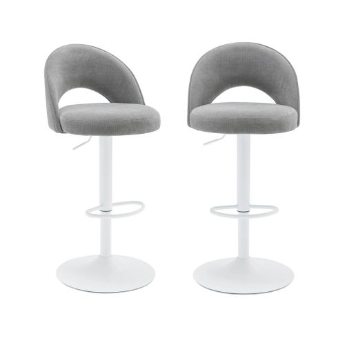 Lot De Deux Tabourets De Bar Ajustables Métal Et Tissu Gris Clair. Pied Blanc - L 49 X P 49 X H