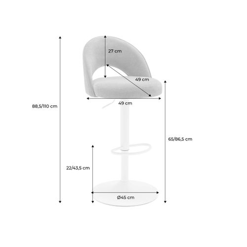 Lot De Deux Tabourets De Bar Ajustables Métal Et Tissu Blanc Cassé. Pied Blanc - L 49 X P 49 X H