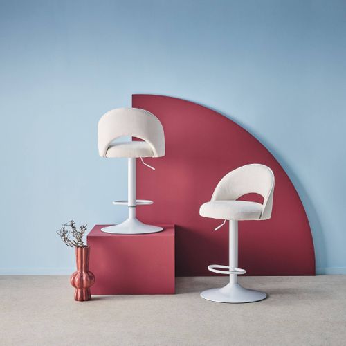 Lot De Deux Tabourets De Bar Ajustables Métal Et Tissu Blanc Cassé. Pied Blanc - L 49 X P 49 X H