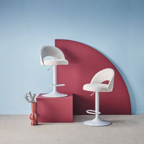 Lot De Deux Tabourets De Bar Ajustables Métal Et Tissu Blanc Cassé. Pied Blanc - L 49 X P 49 X H