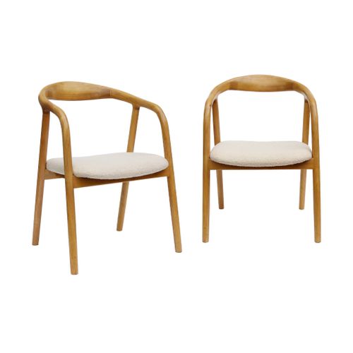 Lot De 2 Fauteuils Structure Bois D'hévéa. Assise Bouclette Teinte Naturelle Vintage. L 55 X P 57 X