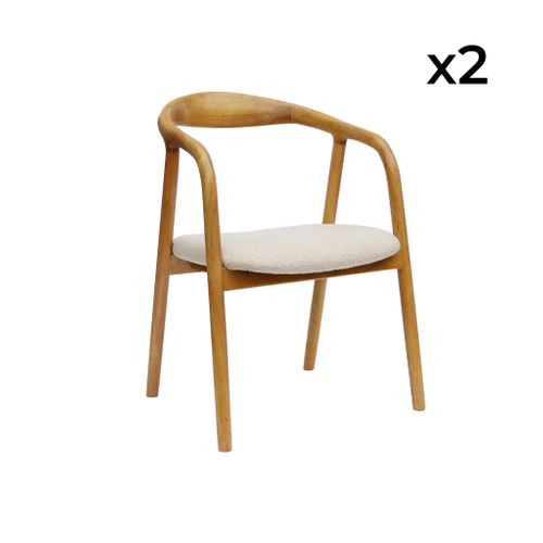 Lot De 2 Fauteuils Structure Bois D'hévéa. Assise Bouclette Teinte Naturelle Vintage. L 55 X P 57 X