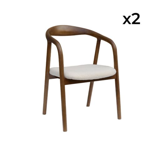 Lot De 2 Fauteuils Structure Bois D'hévéa. Assise Bouclette Teinte Noyer Vintage. L 55 X P 57 X H