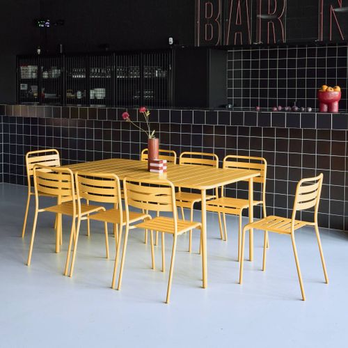 Table De Jardin Métal + 8 Assises Ocre Traitement Antirouille. Lattes Et Bords Arrondis