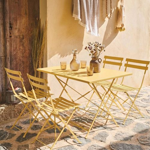 Table De Jardin Bistrot Pliante Métal + 4 Assises 110 X 70cm. Avec Quatre Chaises Pliantes. Acier