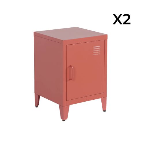 Lot De 2 Tables De Chevet En Acier 1 Porte. Terracotta. Casier. L 38 X P 38 X H 55.7 Cm