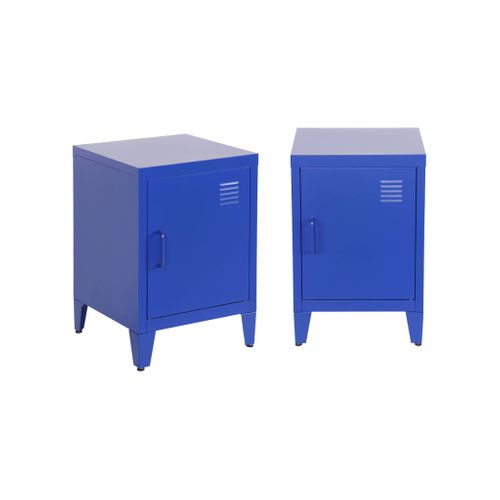 Lot De 2 Tables De Chevet En Acier 1 Porte. Bleu. Casier. L 38 X P 38 X H 55.7 Cm