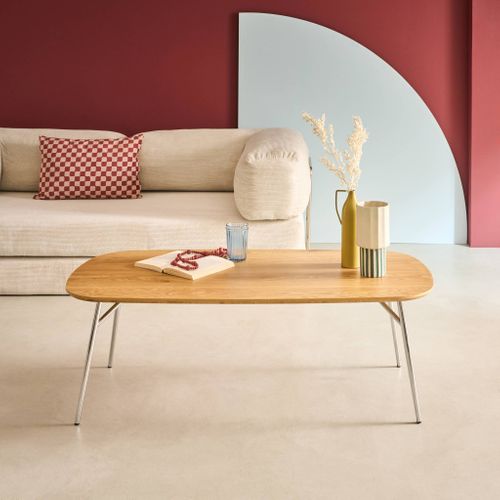 Table Basse Rectangulaire Pieds Chromés Et Décor Bois Chêne 120cm