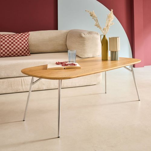 Table Basse Rectangulaire Pieds Chromés Et Décor Bois Chêne 120cm