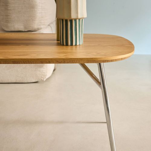 Table Basse Rectangulaire Pieds Chromés Et Décor Bois Chêne 120cm