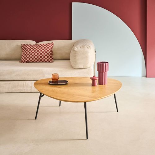 Table Basse Ovale Pieds Métal Noirs Et Effet Chêne