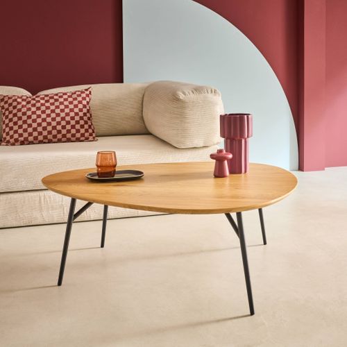 Table Basse Ovale Pieds Métal Noirs Et Effet Chêne