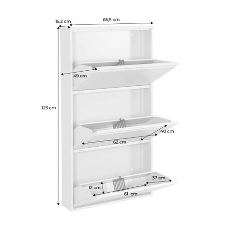 Meuble à Chaussures Industriel Métal Noir 3 Abattants. 9 Paires. L 65.5 X P 15.2 X H 123cm -