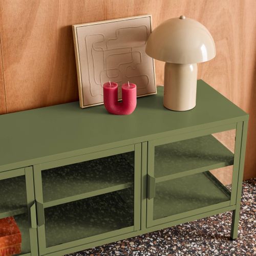 Meuble TV Industriel Métal Et Verre Trempé 3 Portes 120cm Vert - Arkansas