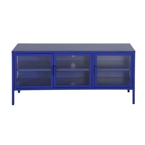 Meuble TV Industriel Métal Et Verre Trempé 3 Portes 120cm Bleu - Arkansas