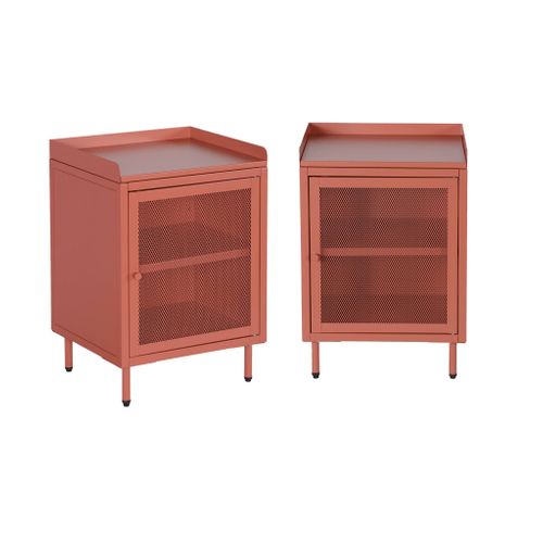 Lot De 2 Tables De Chevet Industrielles Métal Terracotta 1 Porte Grillagée. 40 X 37 X 58.5 Cm -
