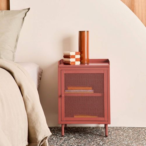 Lot De 2 Tables De Chevet Industrielles Métal Terracotta 1 Porte Grillagée. 40 X 37 X 58.5 Cm -