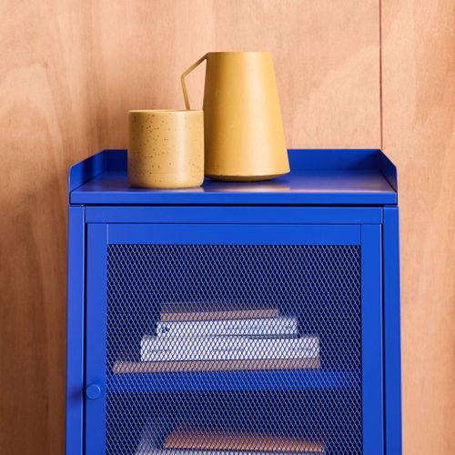 Lot De 2 Tables De Chevet Industrielles Métal Bleu 1 Porte Grillagée. 40 X 37 X 58.5 Cm - Ohio