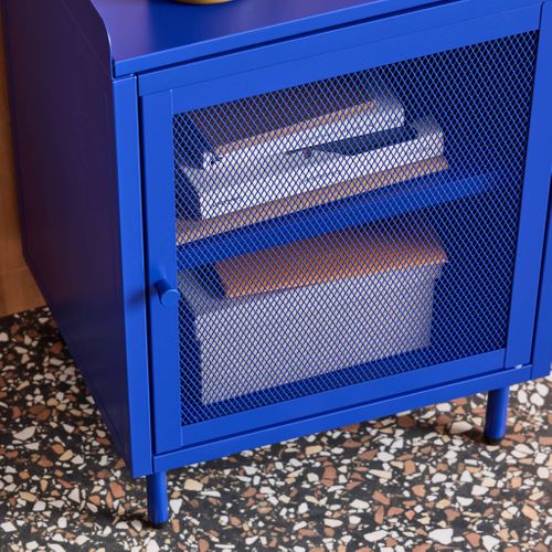 Lot De 2 Tables De Chevet Industrielles Métal Bleu 1 Porte Grillagée. 40 X 37 X 58.5 Cm - Ohio